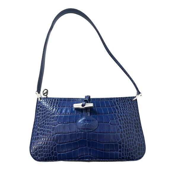 Longchamp Handbags - Longchamp Roseau Blue Croc Embossed Shoulder Bag Vintage Y2K Bamboo Toggle